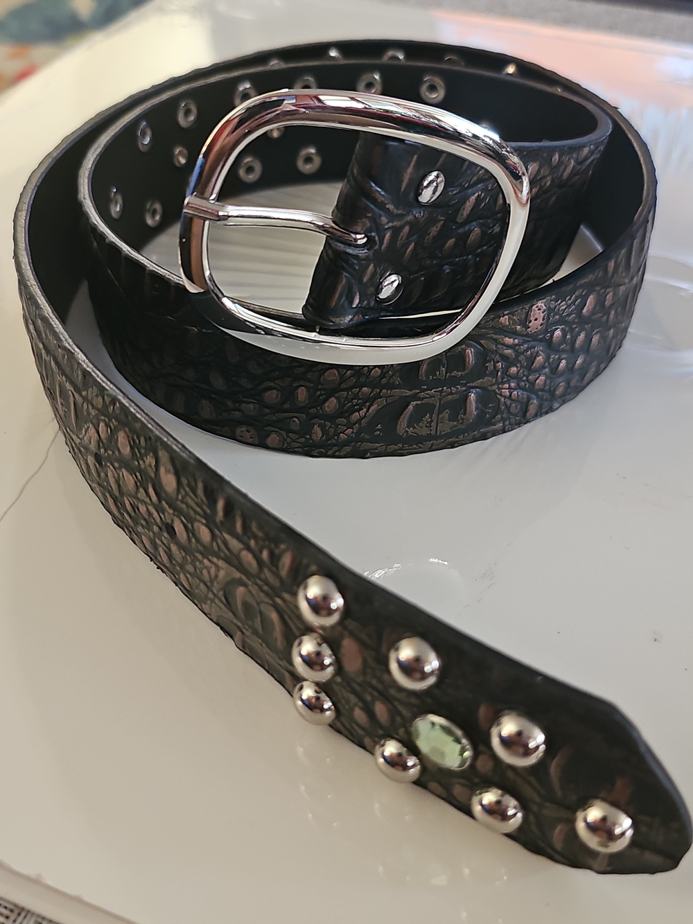 Bronze Croc-Embossed Women's Belt with Silver Studs and Oval Buckle